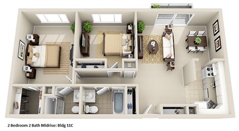 a 3d floor plan of a house with a bedroom and a living room at Huntington Green Apartments, University Heights, OH, 44118